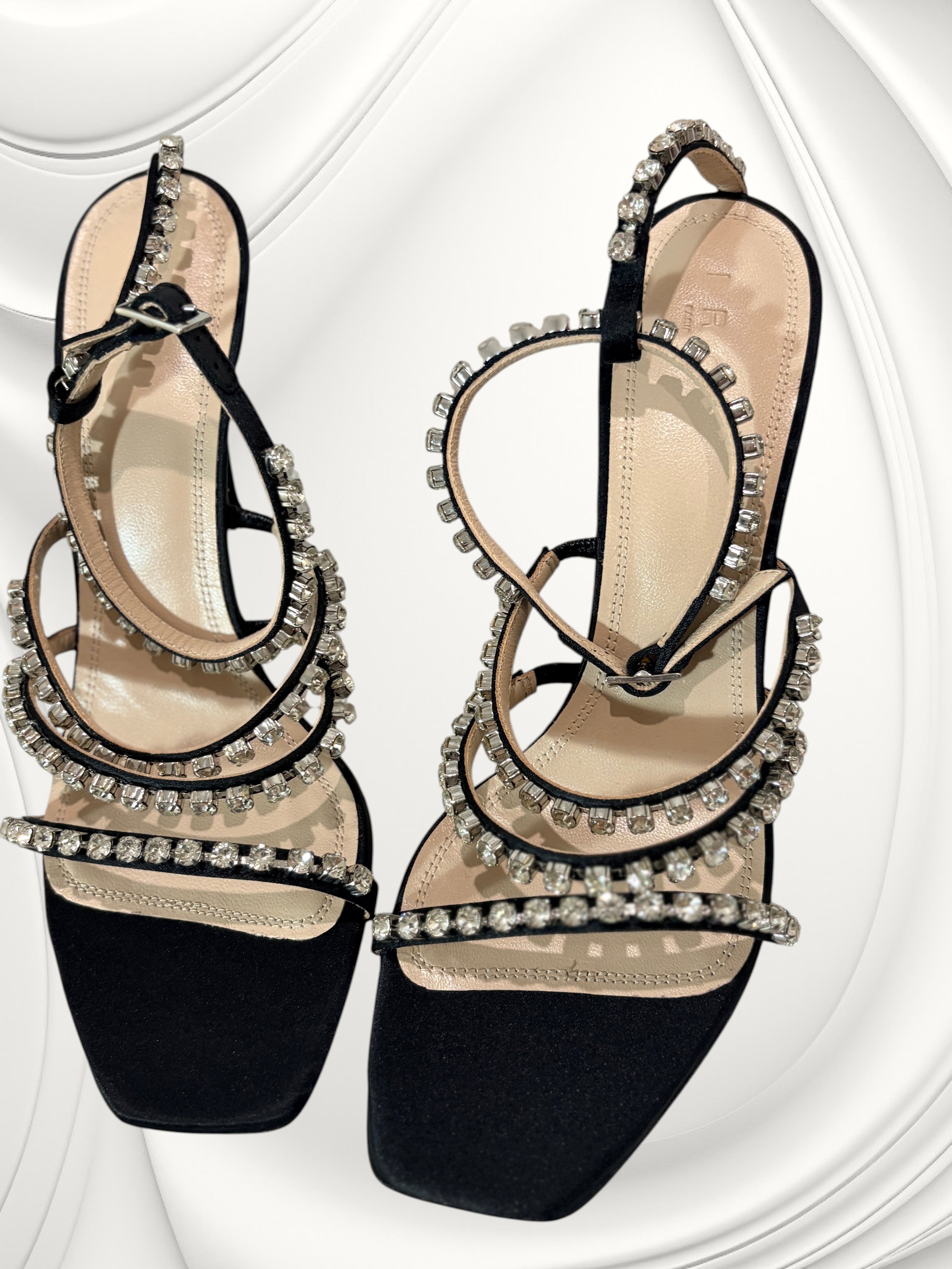 Sandales à talons en cuir et strass "Goody" – Noir