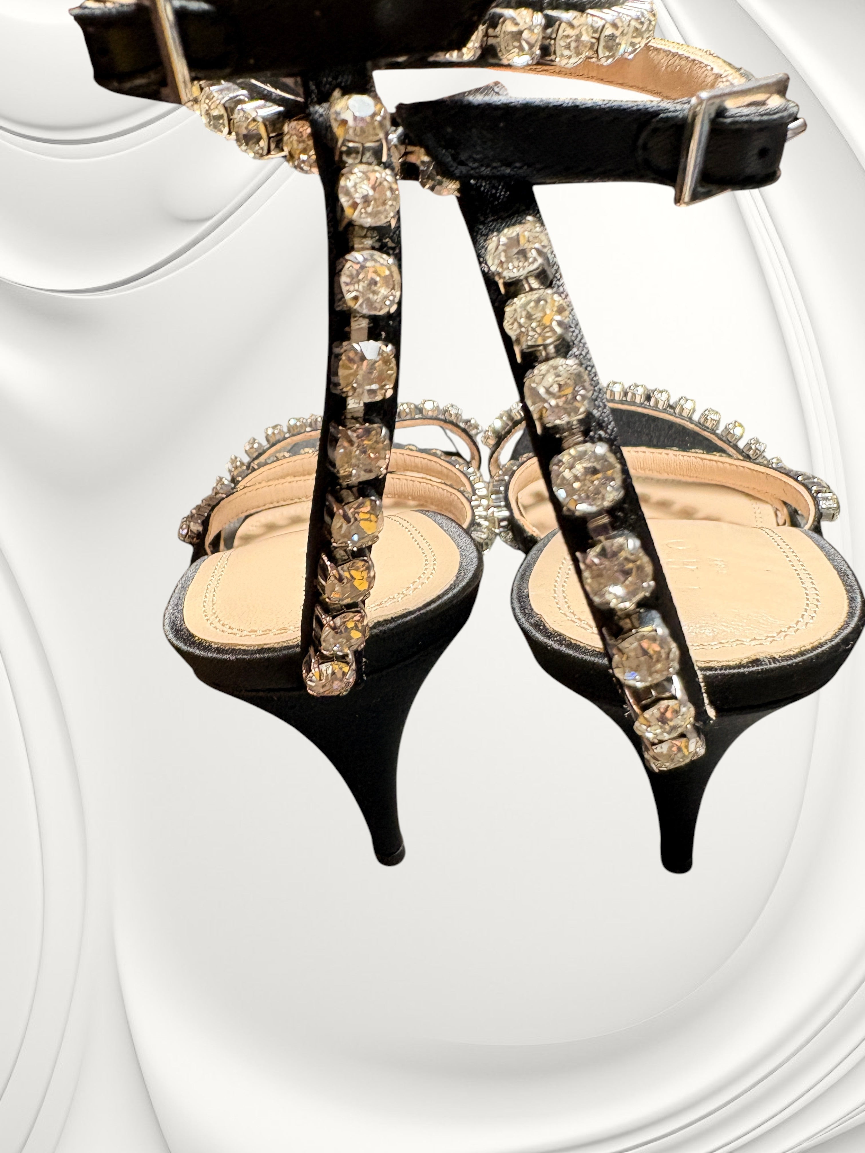 Sandales à talons en cuir et strass "Goody" – Noir
