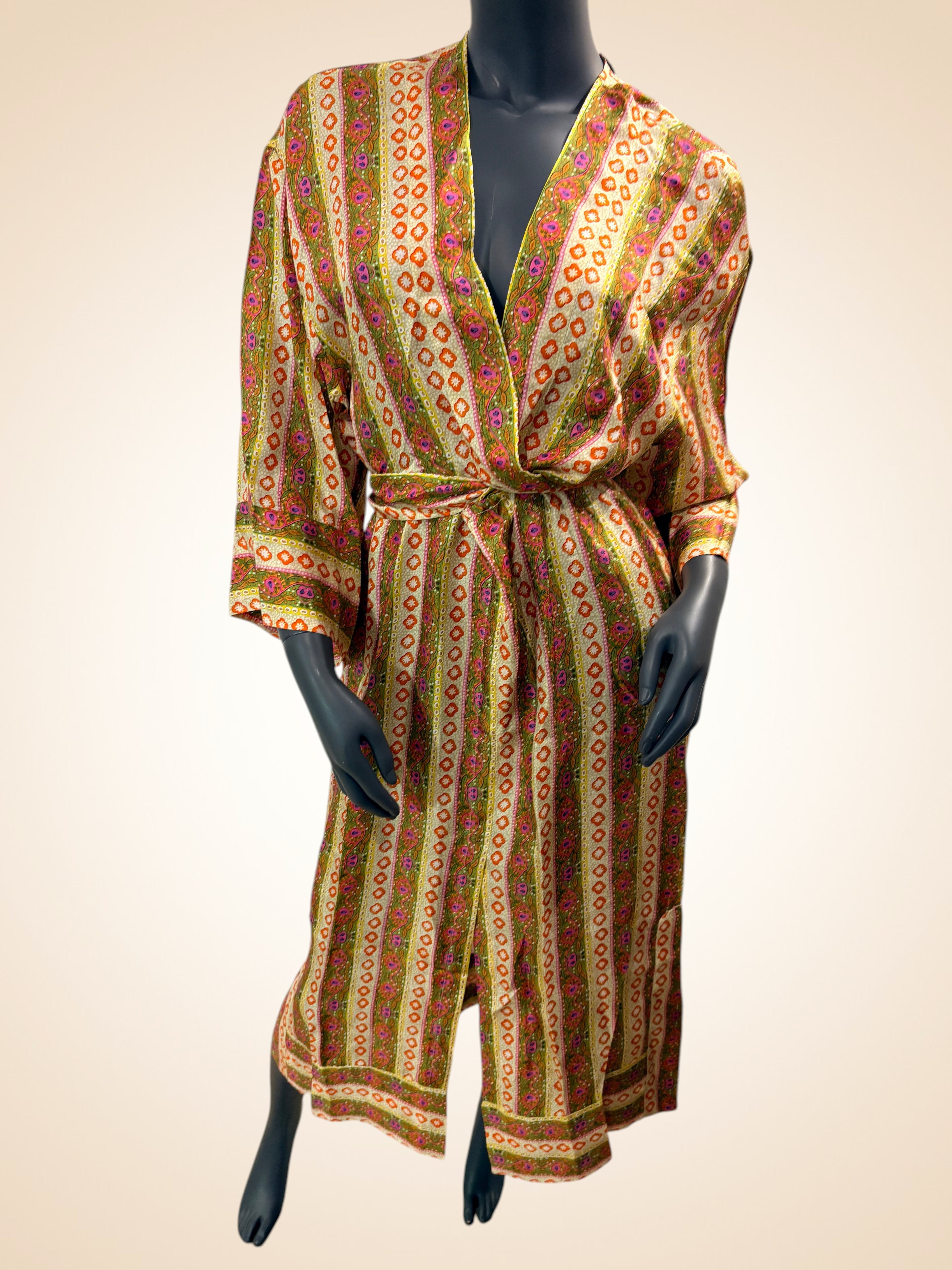Robe Caftan Midi 100% Soie Imprimé Flower Stripes - Sandro Taille 42