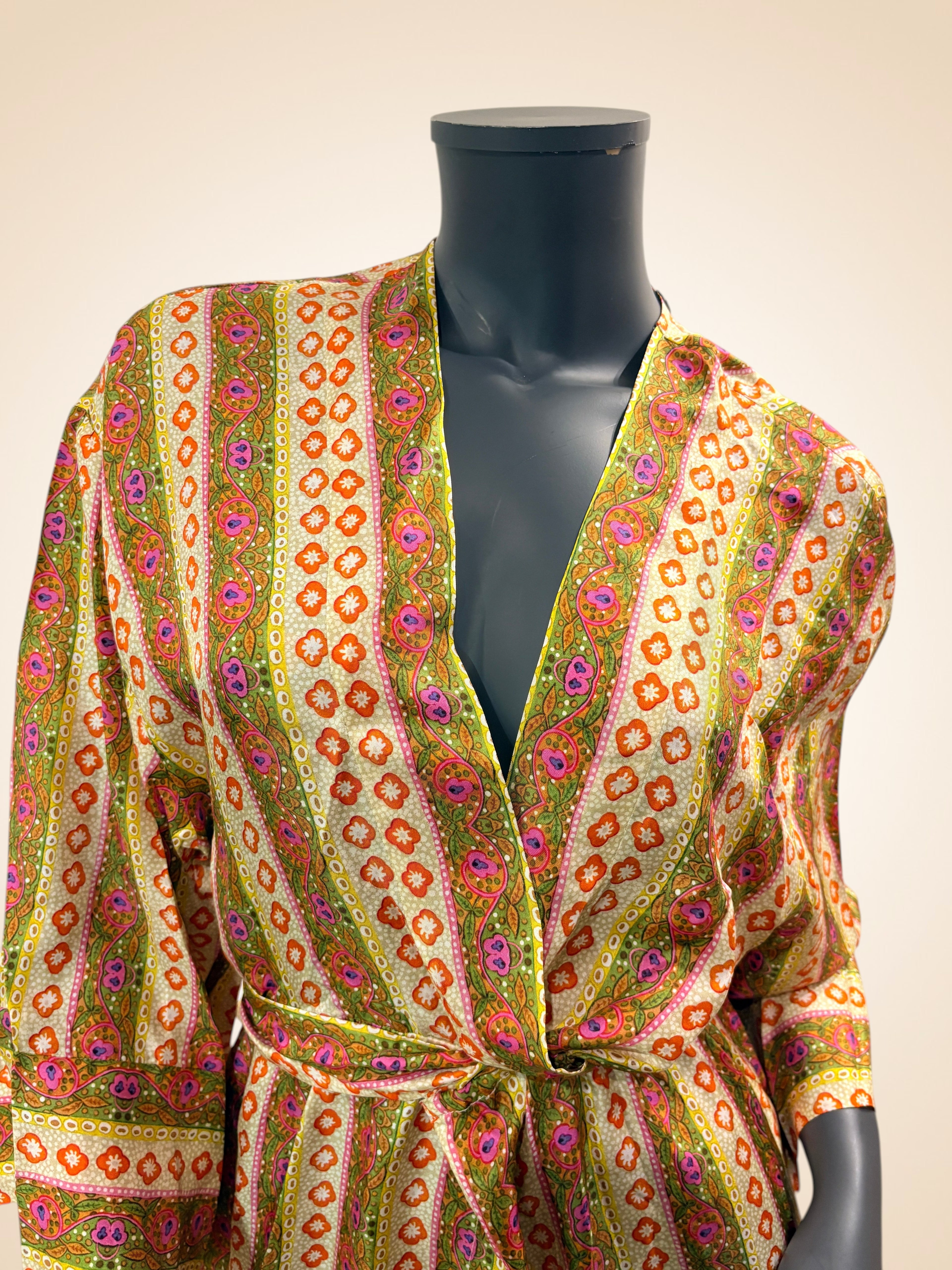 Robe Caftan Midi 100% Soie Imprimé Flower Stripes - Sandro Taille 42