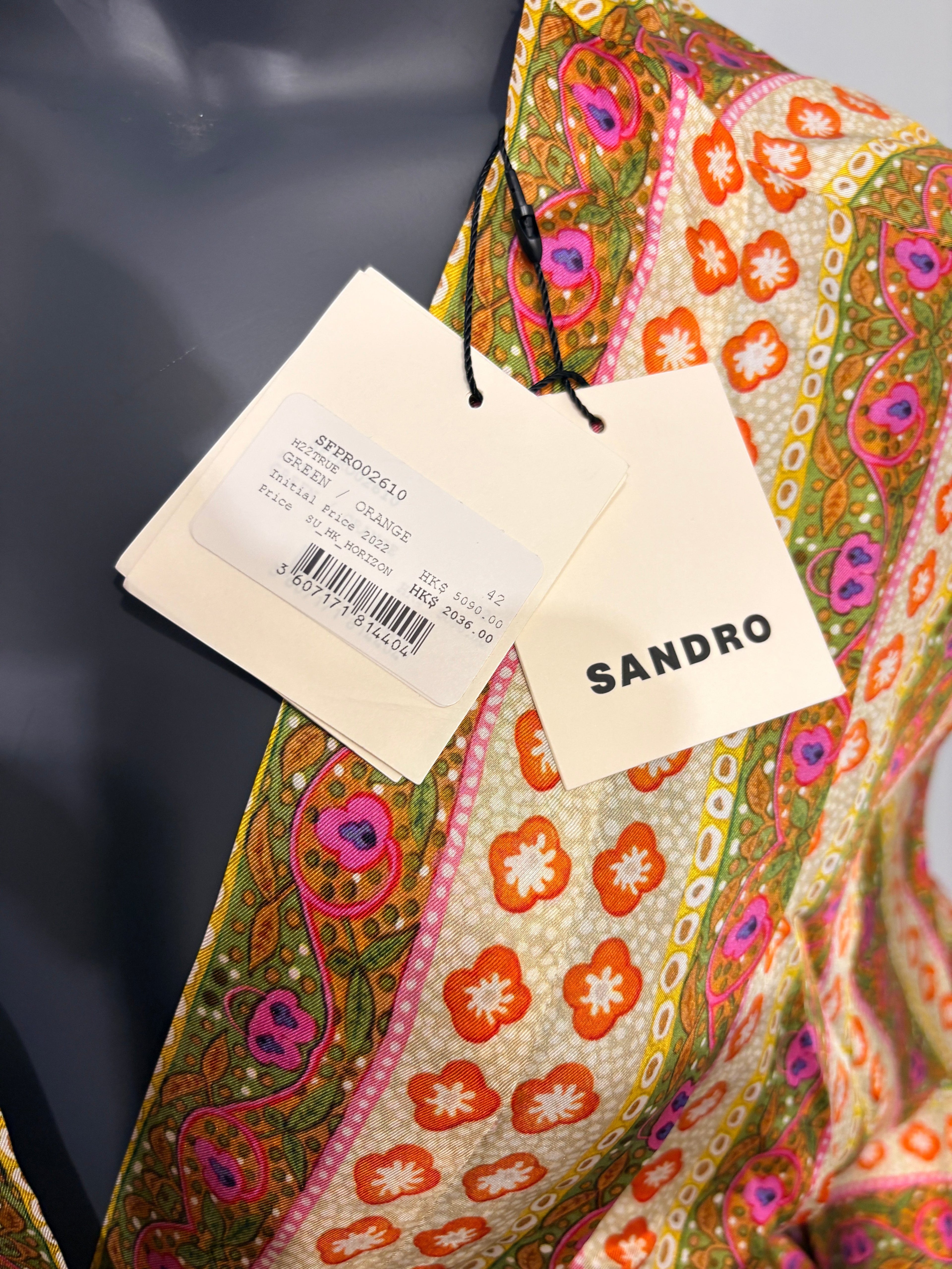 Robe Caftan Midi 100% Soie Imprimé Flower Stripes - Sandro Taille 42