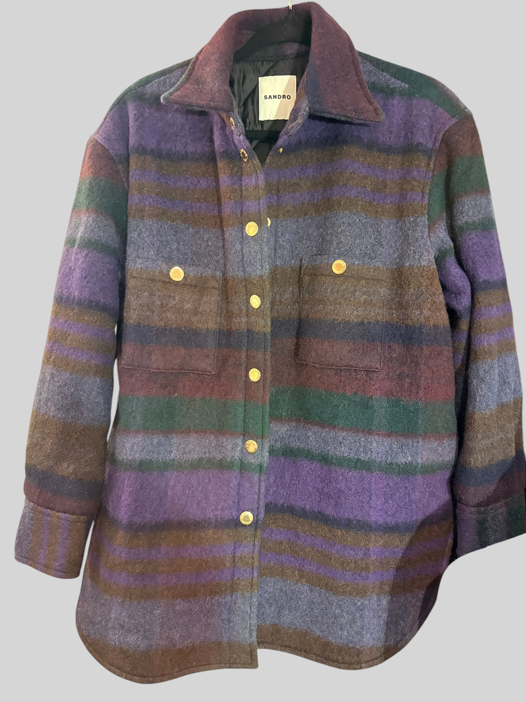 Sandro Dome – Manteau-surchemise à carreaux violet et vert neuf avec étiquettes SANDRO