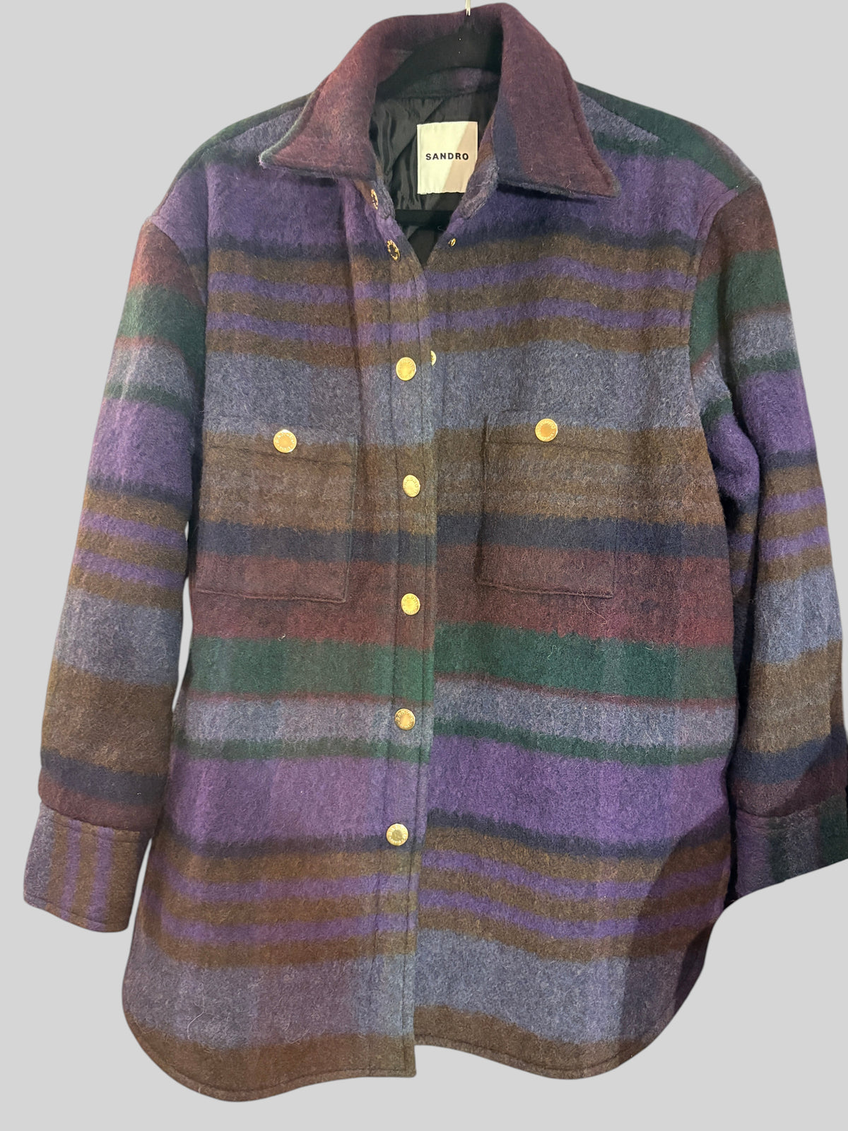 Sandro Dome – Manteau-surchemise à carreaux violet et vert neuf avec étiquettes SANDRO