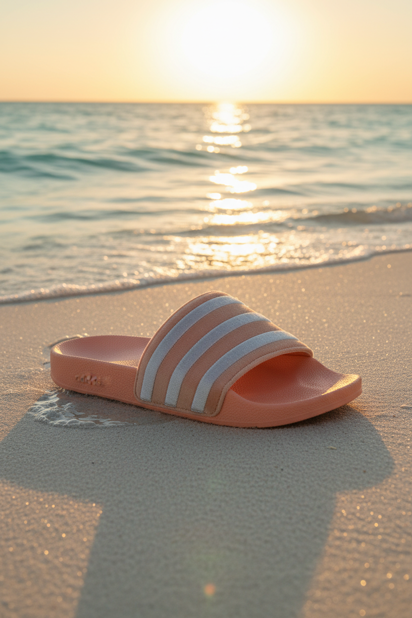 Adidas Adilette Saumon Velours Argenté - Plage Golden Hour