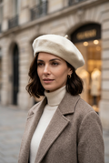 Béret écru porté dans un portrait hivernal parisien