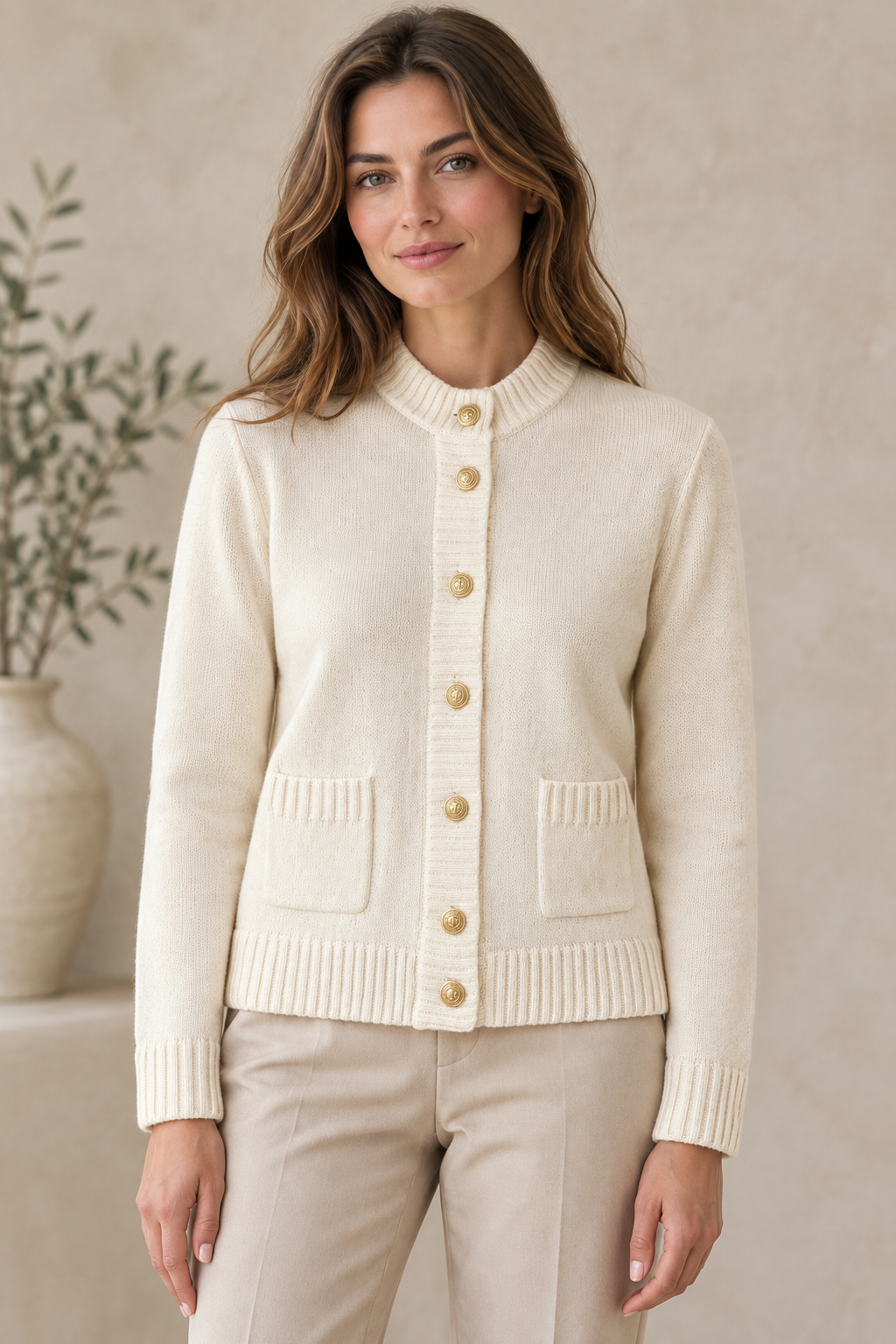 Cardigan écru porté par une femme dans une ambiance zen