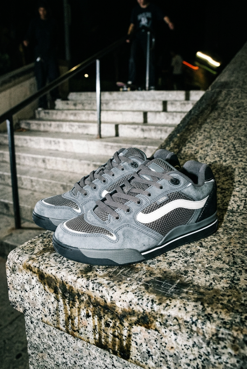Chaussures skate sur un ledge en granit, esthétique street des années 90 à la Rowley