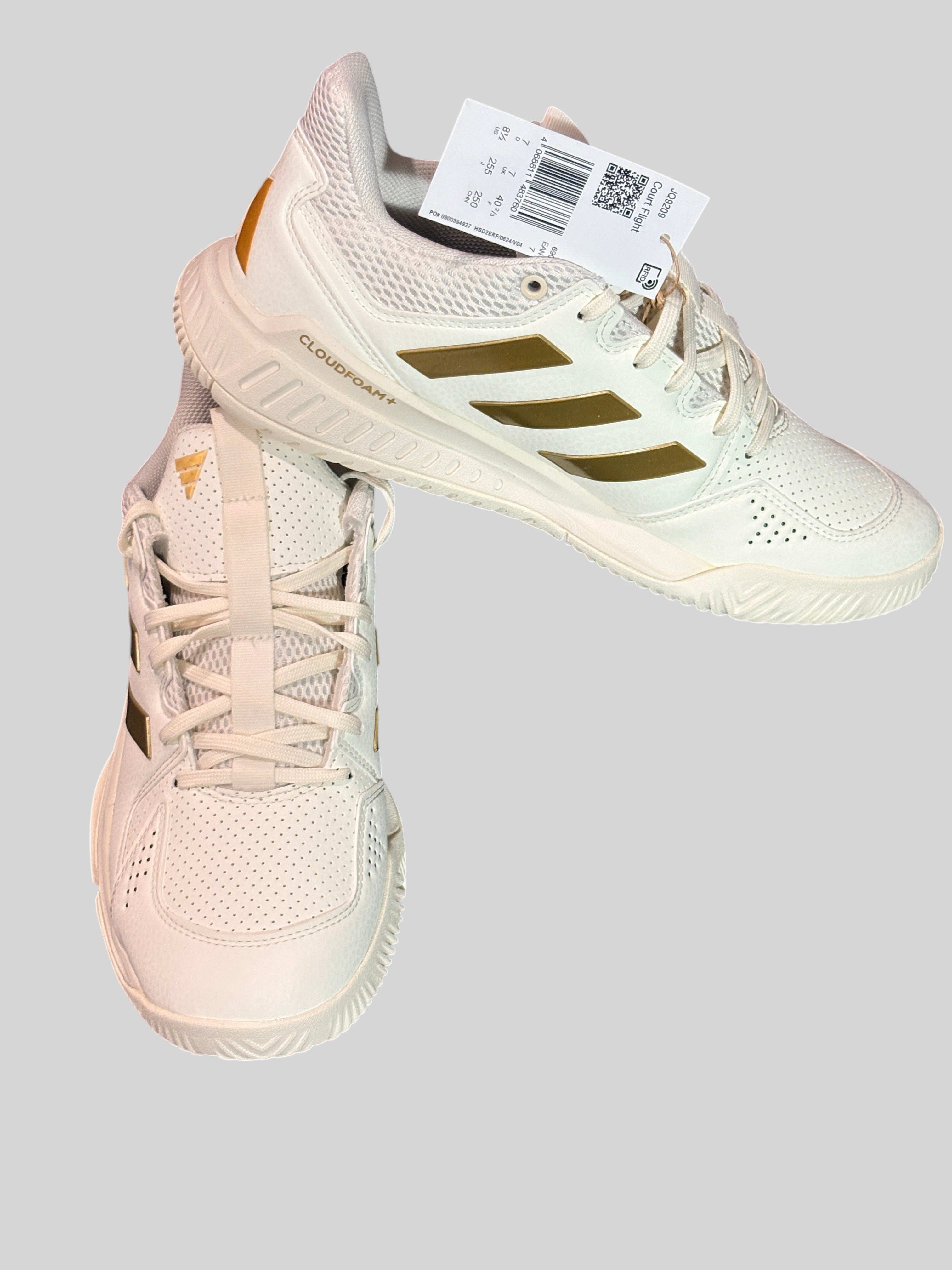 Chaussures de sport femme FASHION SC Adidas Court Flight blanc cassé avec détails dorés et étiquette d'origine