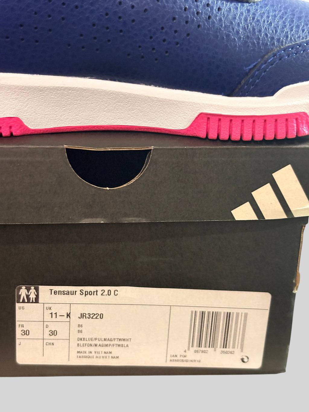 Basket enfant FASHION SC Adidas Tensaur Sport 2.0 C bleu marine et rose sur sa boîte d'origine avec étiquette