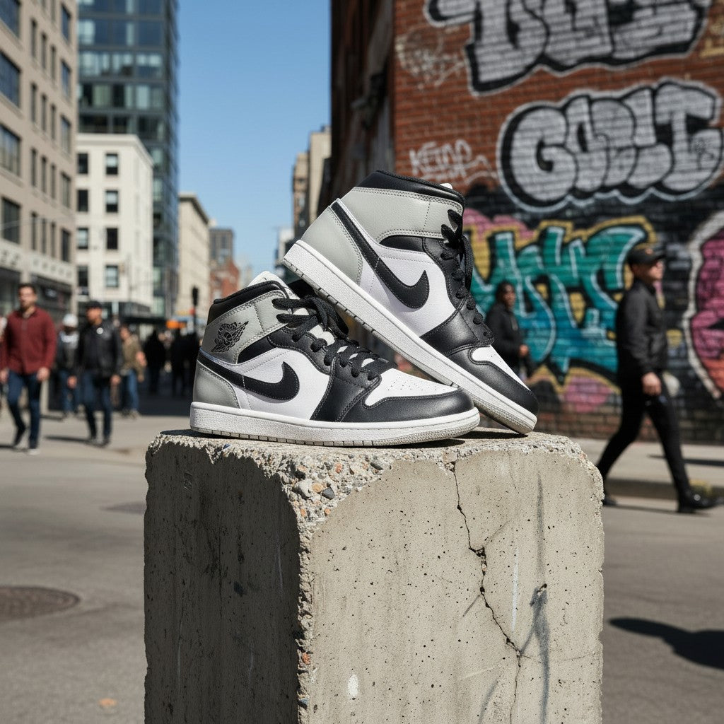 Baskets FASHION SC Air Jordan 1 Mid Barons en cuir blanc, noir et gris, posées sur un bloc de béton en ville.