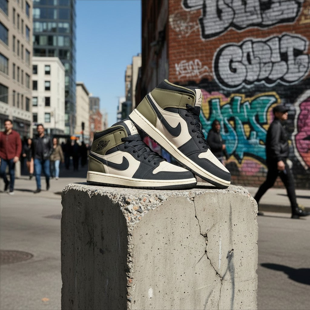 Baskets FASHION SC Air Jordan 1 Mid SE en cuir marron, vert olive et noir posées sur un bloc de béton en ville