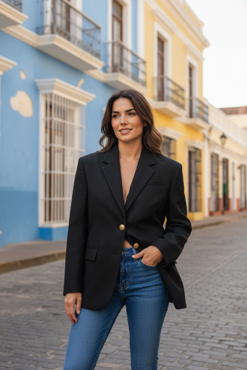 Femme portant un blazer noir oversize The Kooples avec boutons dorés, style chic et décontracté, FASHION SC