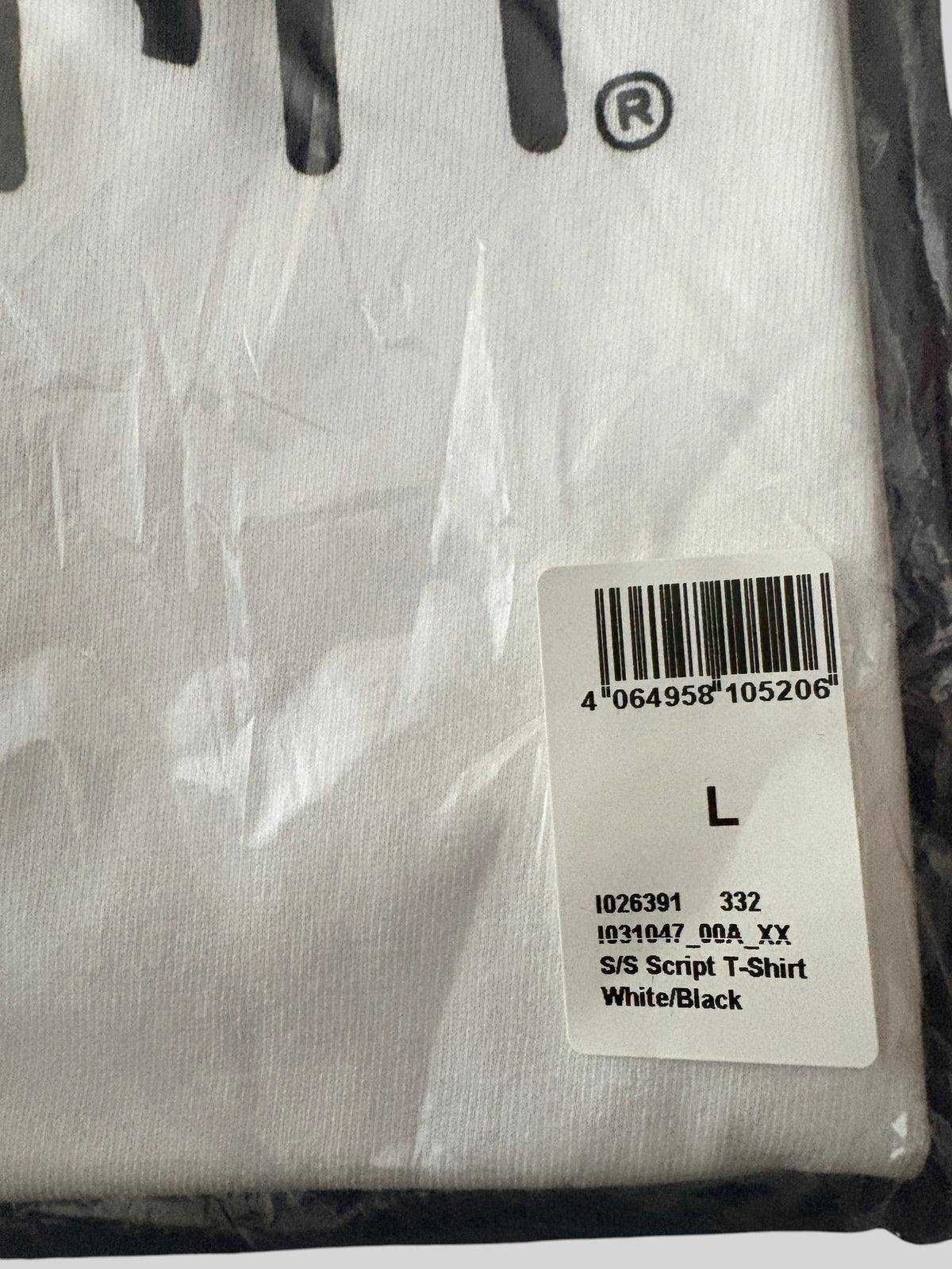 T-shirt blanc FASHION SC Carhartt WIP en jersey de coton avec logo noir et étiquette de taille L dans son emballage