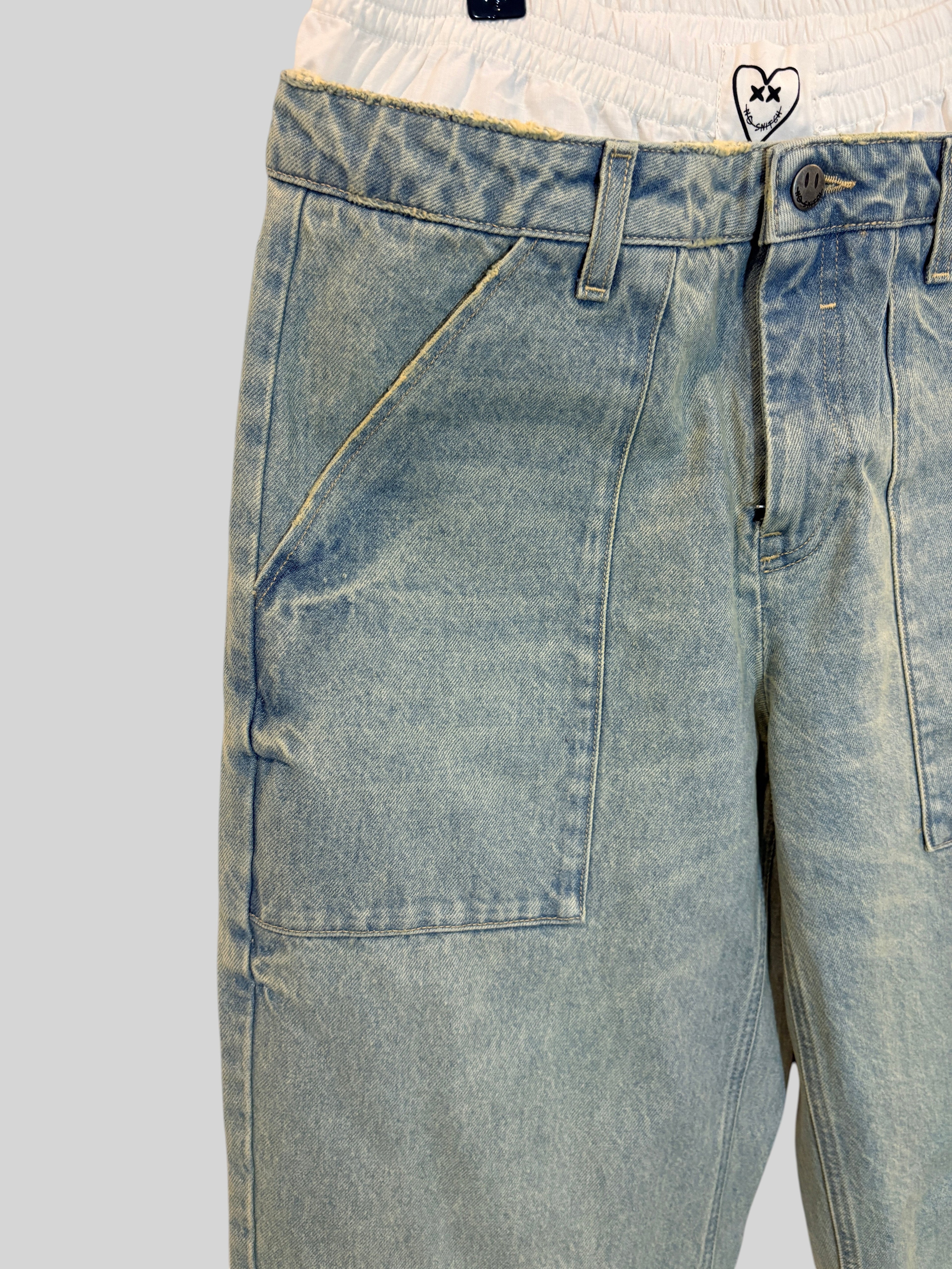 Pantalon FASHION SC Eleven Paris Nouni bleu délavé clair avec double taille élastique blanche et poches plaquées