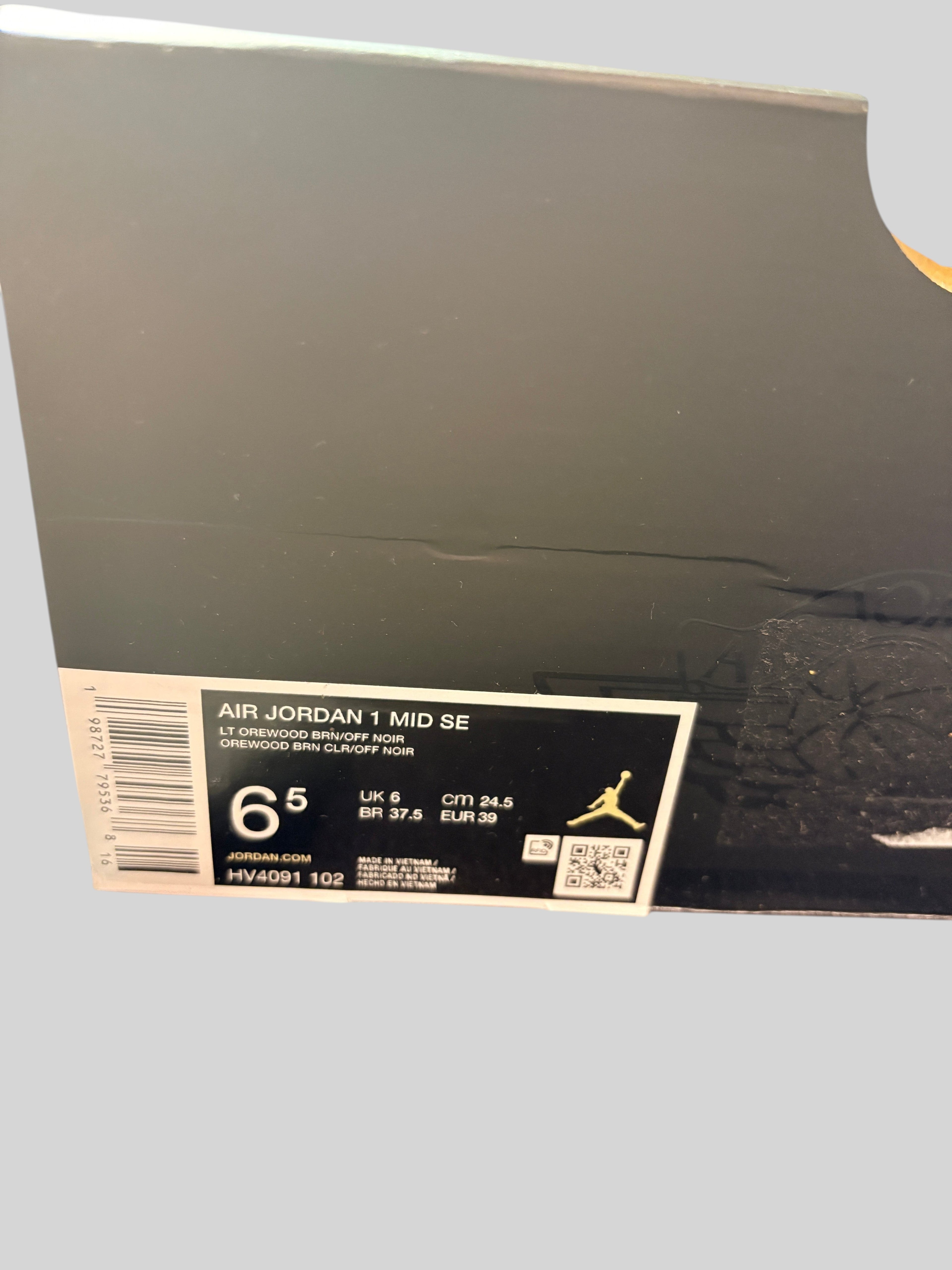 Étiquette de boîte à chaussures FASHION SC pour Air Jordan 1 Mid SE Light Orewood Brown taille 39