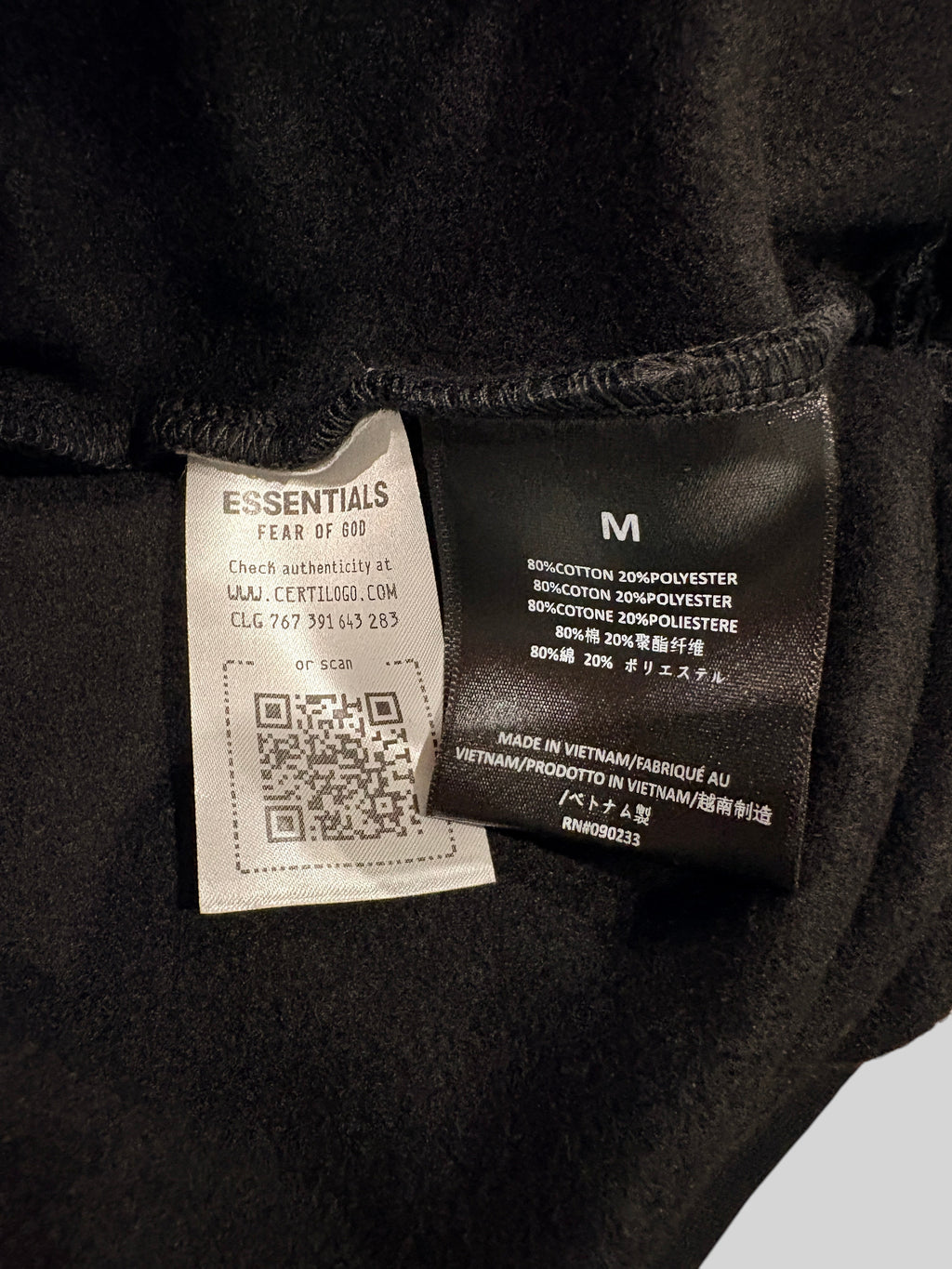 Étiquette de composition et d'authenticité FASHION SC pour sweat à capuche Essentials Fear of God en coton et polyester