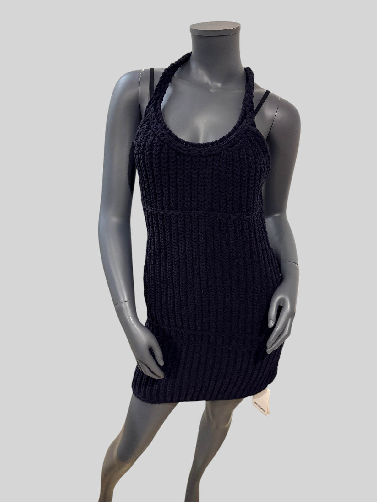 Mini-robe noire FASHION SC Jacquemus La Robe Nuvola en maille bouclée ajourée avec bretelles à nouer