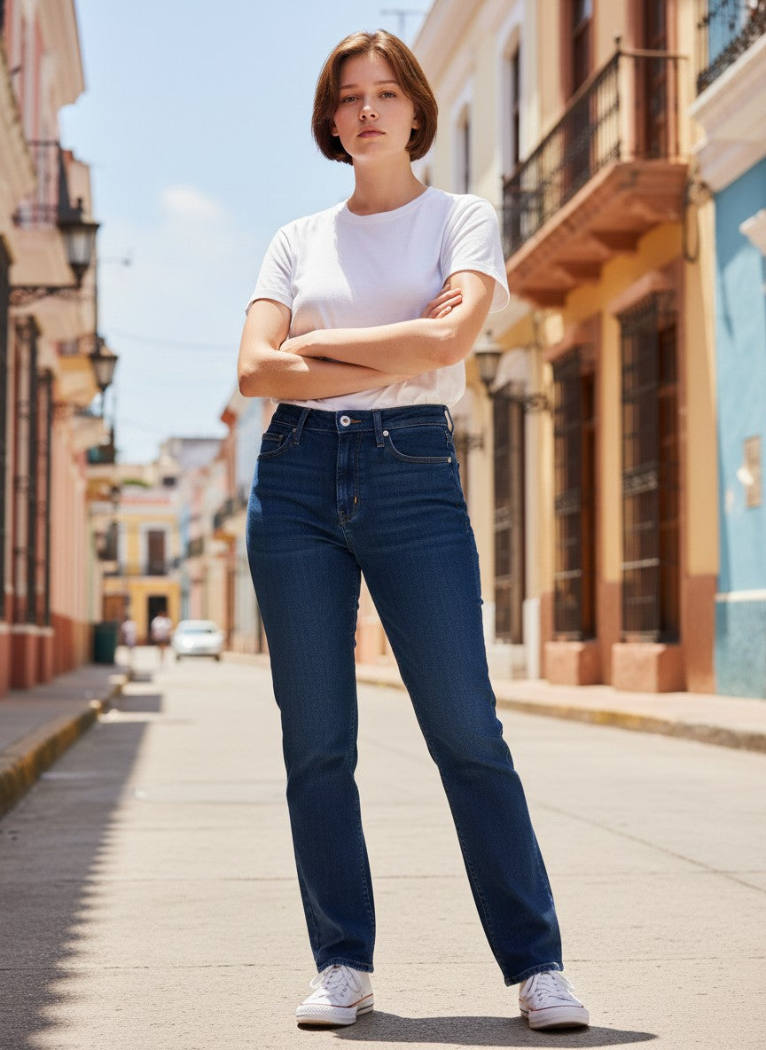 Femme portant un jean Levi's 314 Shaping Straight bleu denim mi-haute, style droit et confortable, FASHION SC.