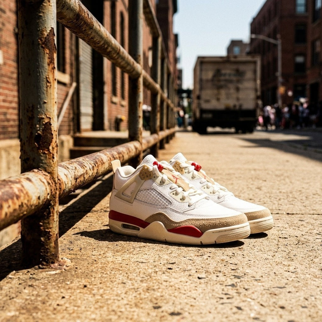 Baskets Jordan Spizike Low FASHION SC blanches avec détails camouflage désert et accents rouge feu sur trottoir urbain