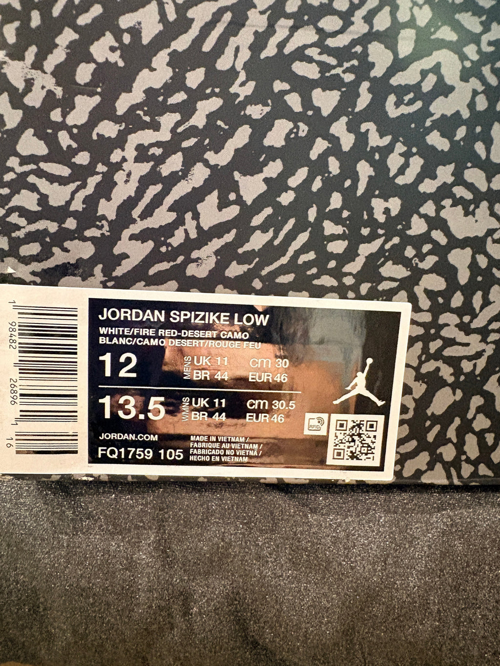 Étiquette de boîte à chaussures FASHION SC pour Jordan Spizike Low White Desert Camo avec détails de pointure