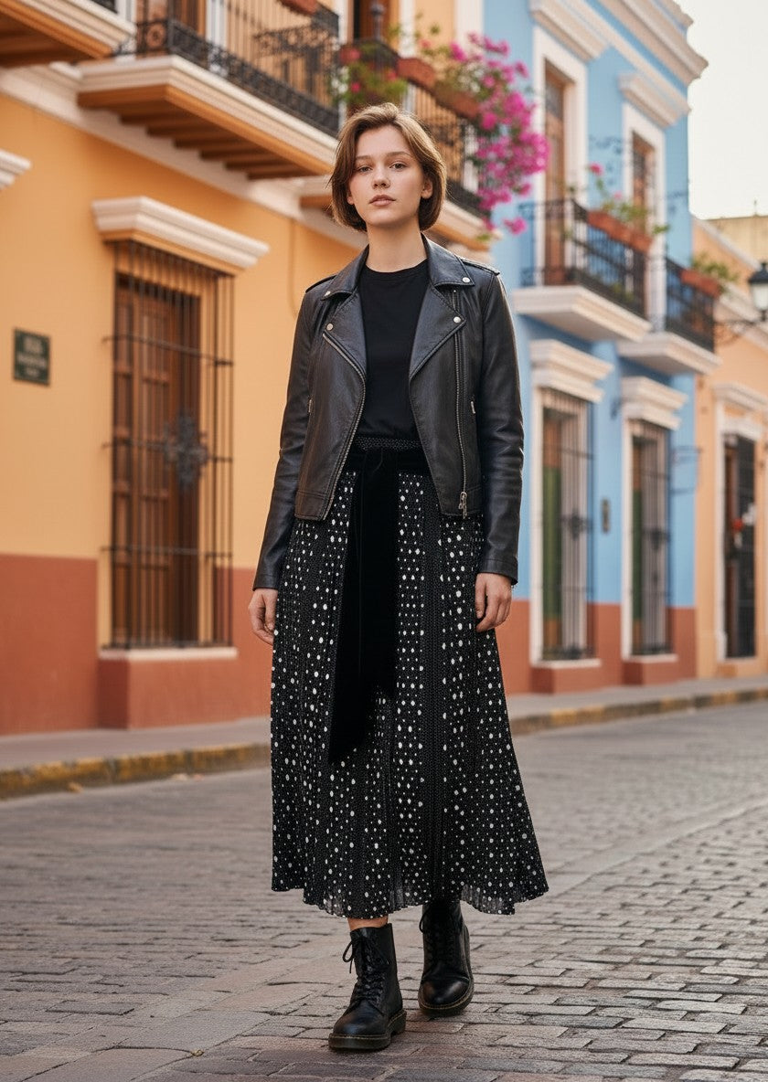 Modèle portant une jupe longue plissée à pois The Kooples avec ceinture en velours noir et veste en cuir