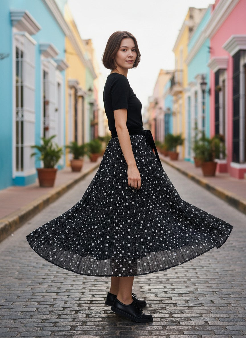 Jupe longue plissée à pois The Kooples portée par une femme dans une rue colorée, avec ceinture en velours noir