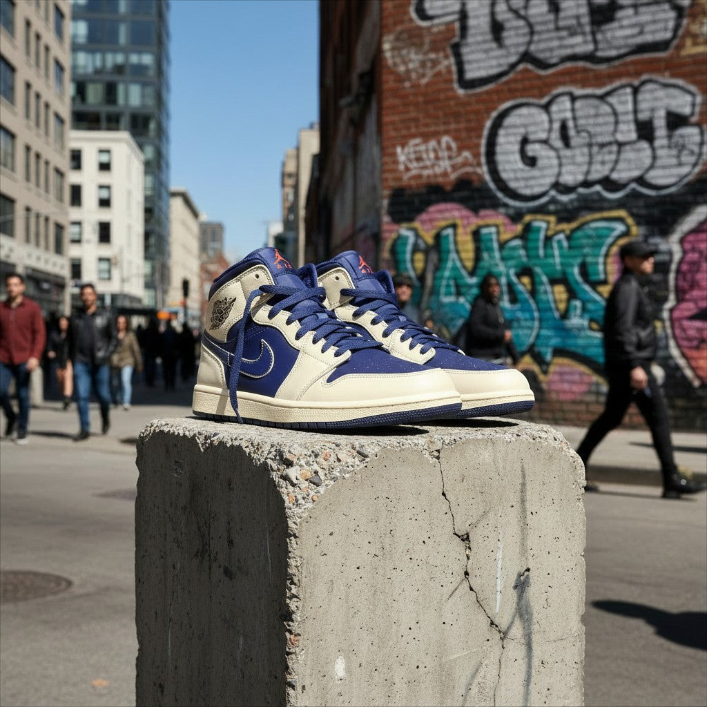 Baskets FASHION SC Nike Air Jordan 1 Mid Blue Void en cuir bleu et blanc avec détails orange sur un bloc de béton