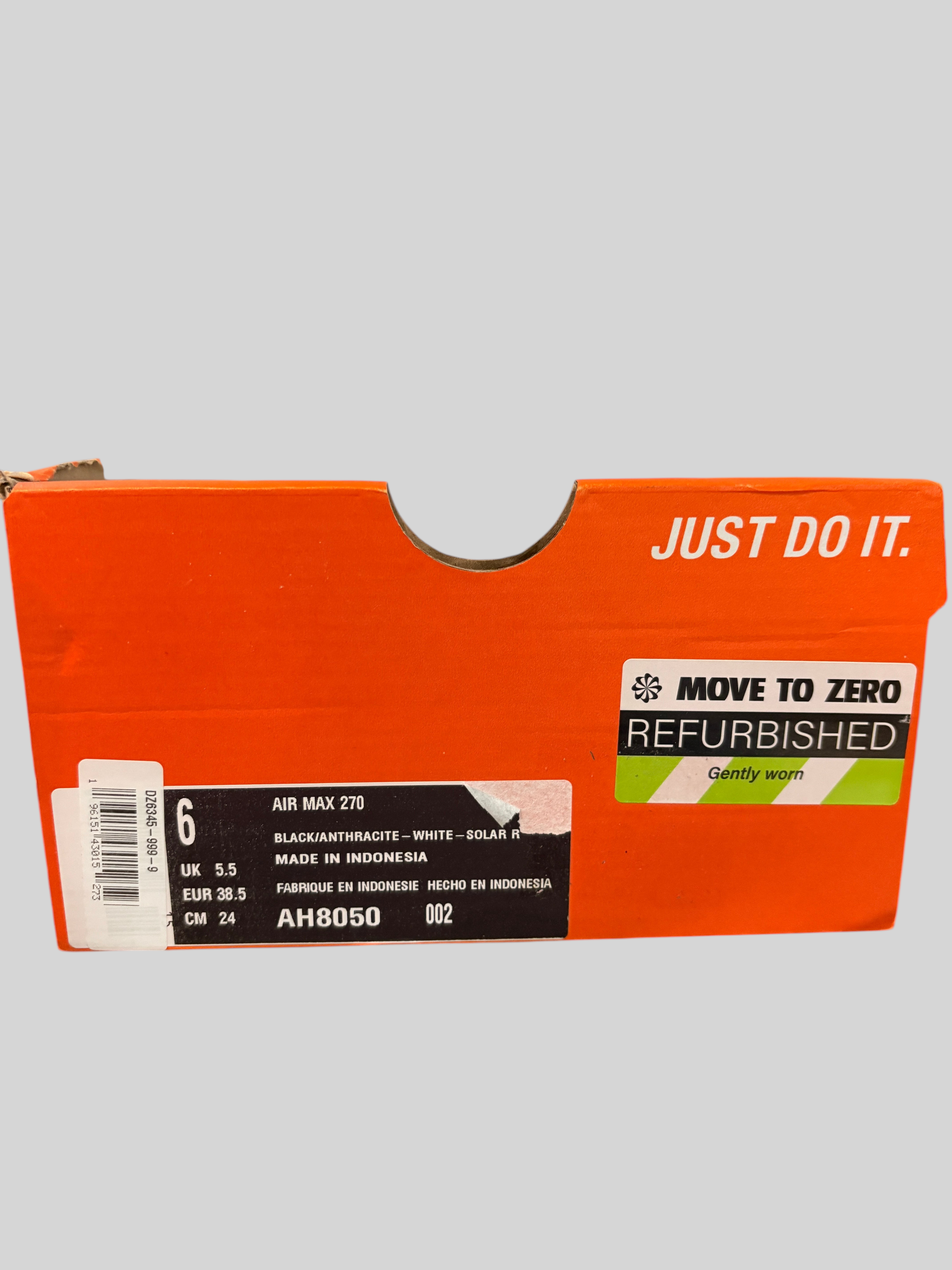 Boîte à chaussures orange FASHION SC Nike Air Max 270 avec étiquette descriptive et logo Just Do It
