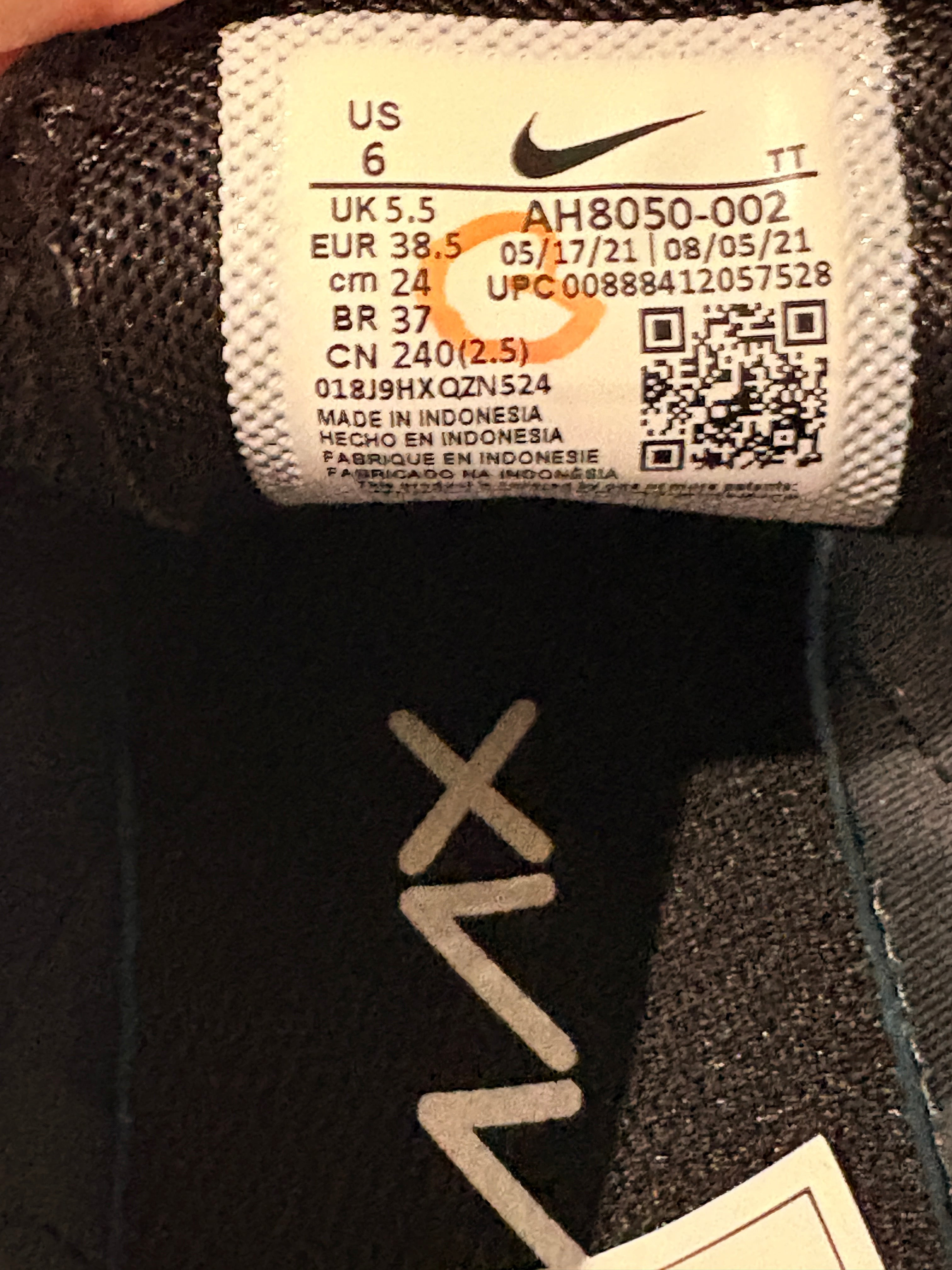 Étiquette de taille intérieure FASHION SC pour baskets Nike Air Max 270 AH8050-002 avec détails de pointure