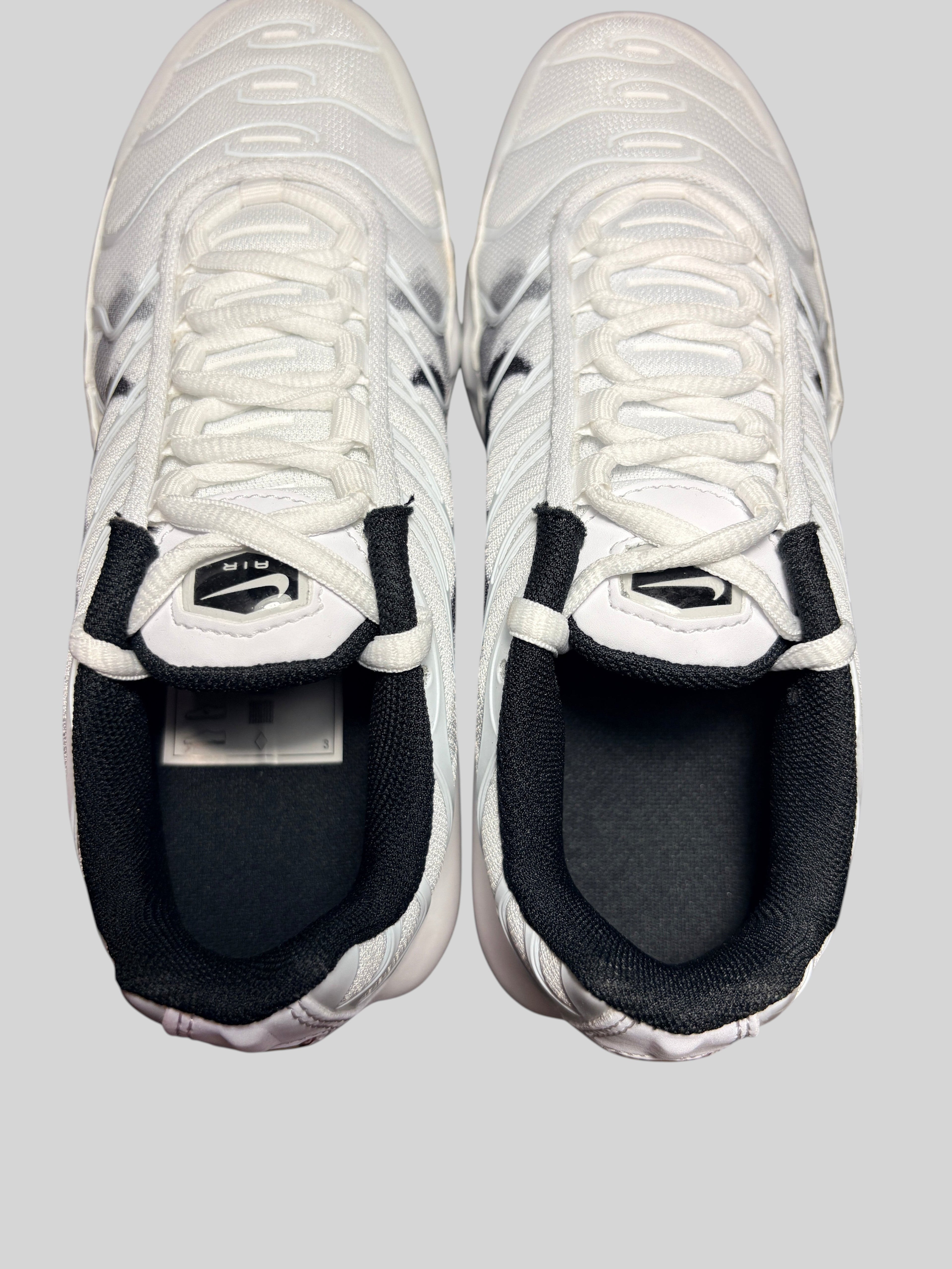 Paire de baskets FASHION SC Nike Air Max Plus GS blanches et grises en mesh avec doublure noire, vue de dessus