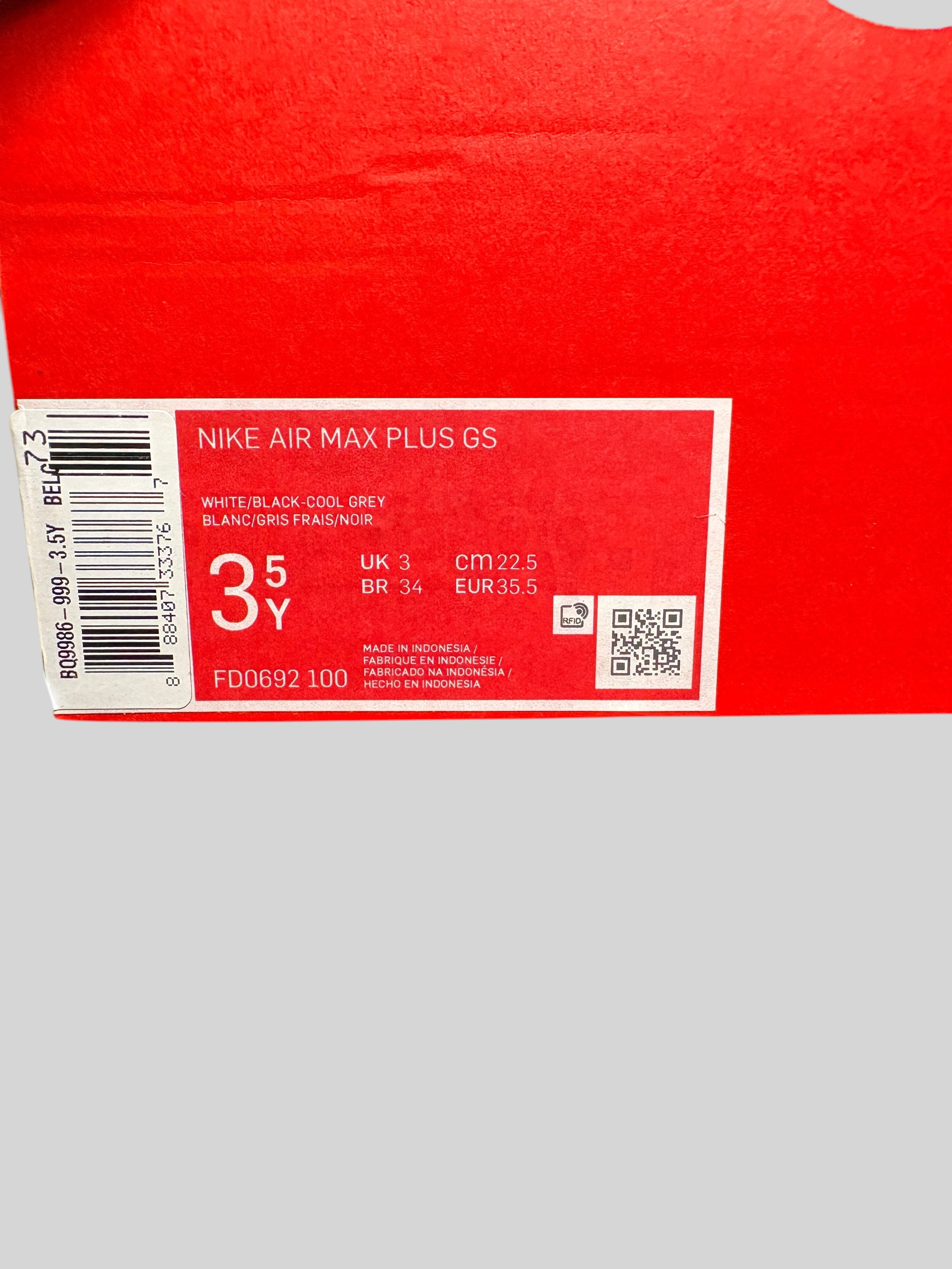 Étiquette de boîte à chaussures FASHION SC pour Nike Air Max Plus GS White Cool Grey taille 35.5