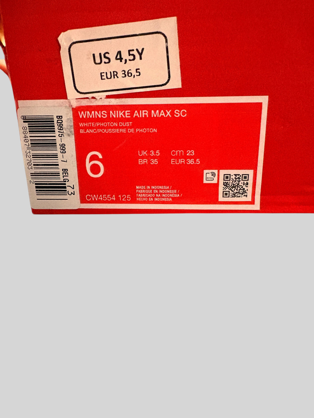 Étiquette de boîte à chaussures FASHION SC pour Nike Air Max SC taille 36.5 avec détails du modèle et code-barres