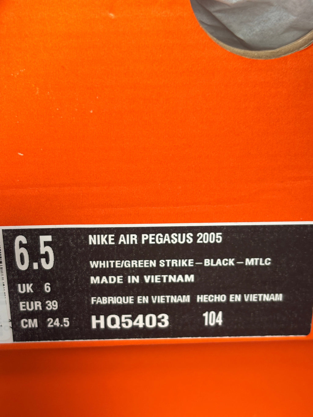 Étiquette de boîte à chaussures FASHION SC pour Nike Air Pegasus 2005 en coloris blanc, vert et noir