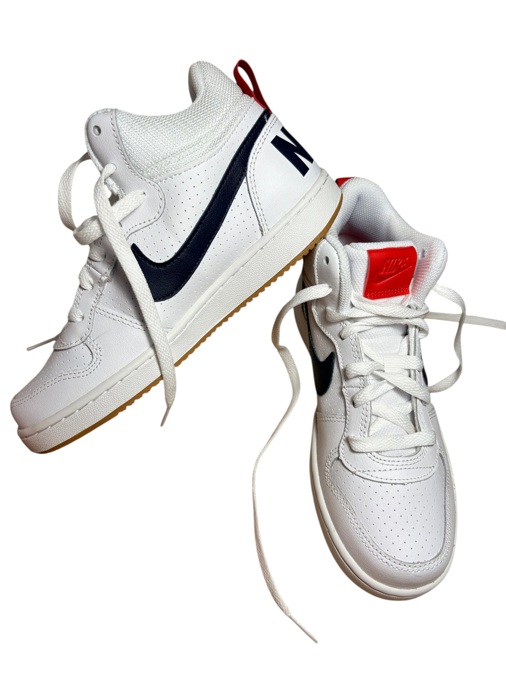 Baskets montantes FASHION SC Nike Court Borough GS en cuir blanc avec Swoosh bleu marine et semelle gomme