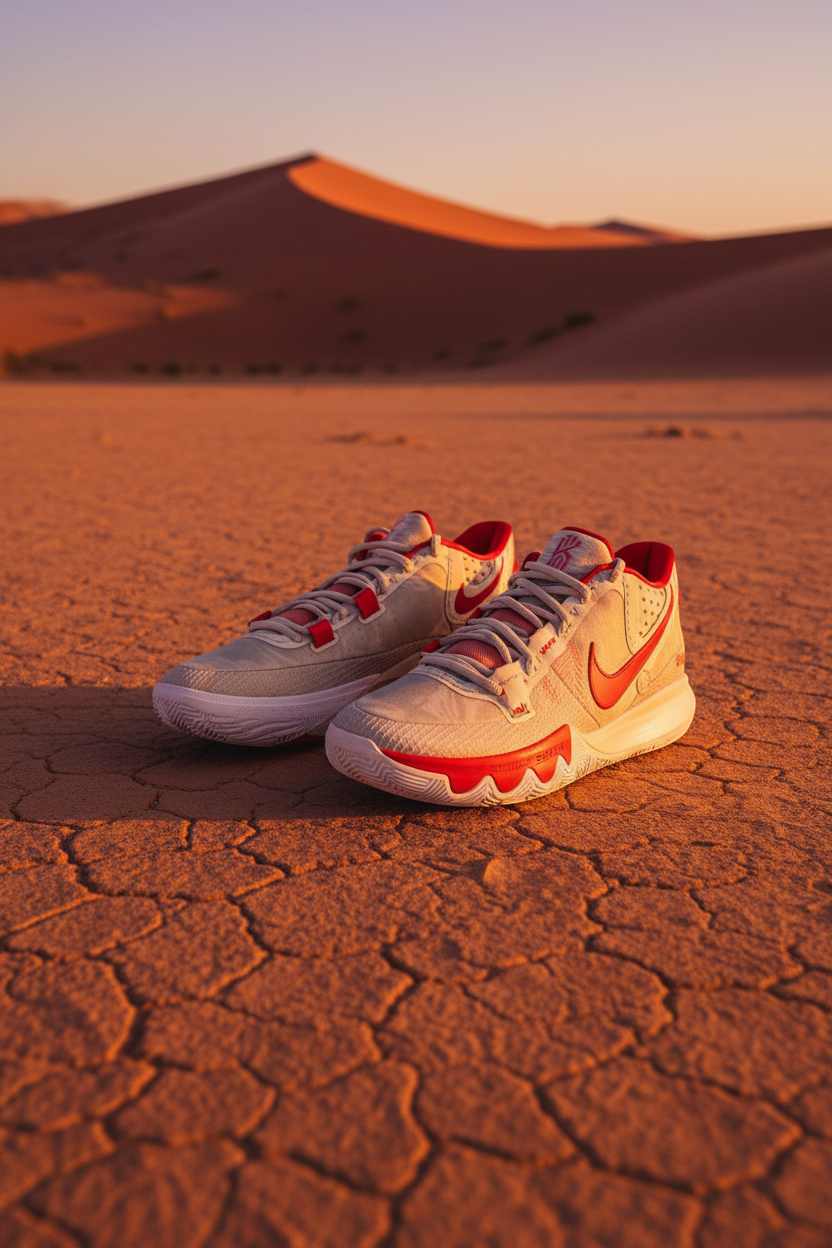 Chaussures de basketball FASHION SC Nike Kyrie 8 Light Bone et rouge posées sur un sol désertique au coucher du soleil