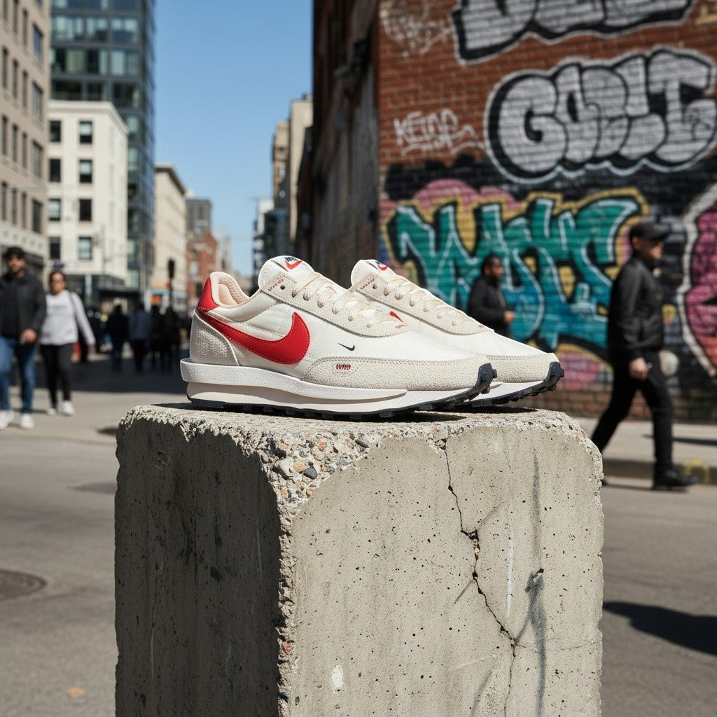 Baskets FASHION SC Nike Waffle One SE Double Swoosh en mesh et daim blanc cassé avec détails rouges dans la rue
