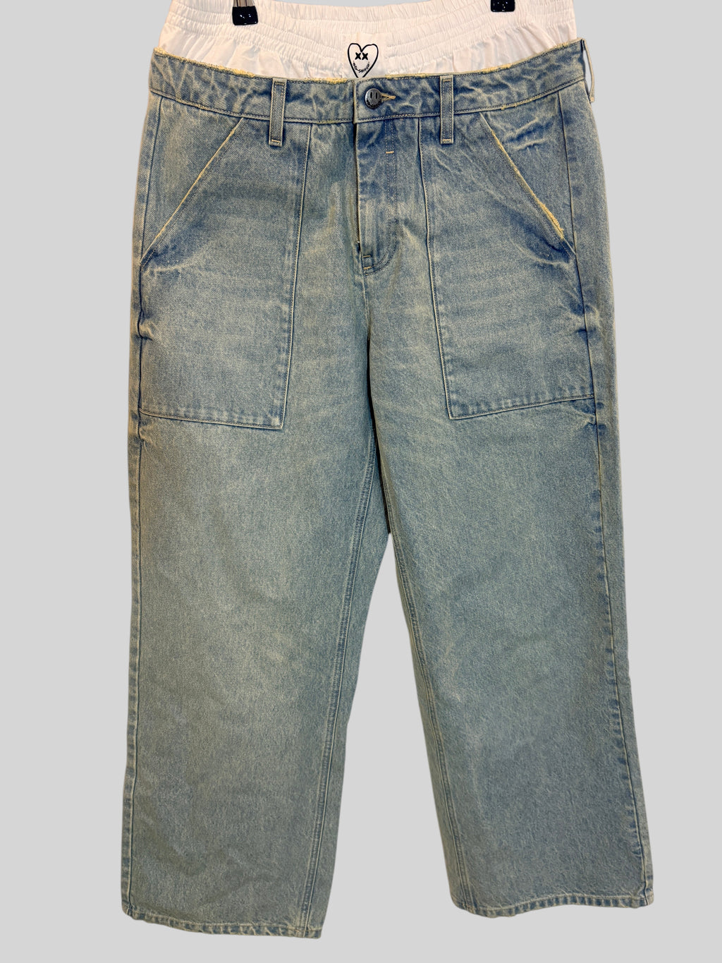 Pantalon droit FASHION SC Eleven Paris en jean bleu délavé clair avec double taille élastique blanche intégrée