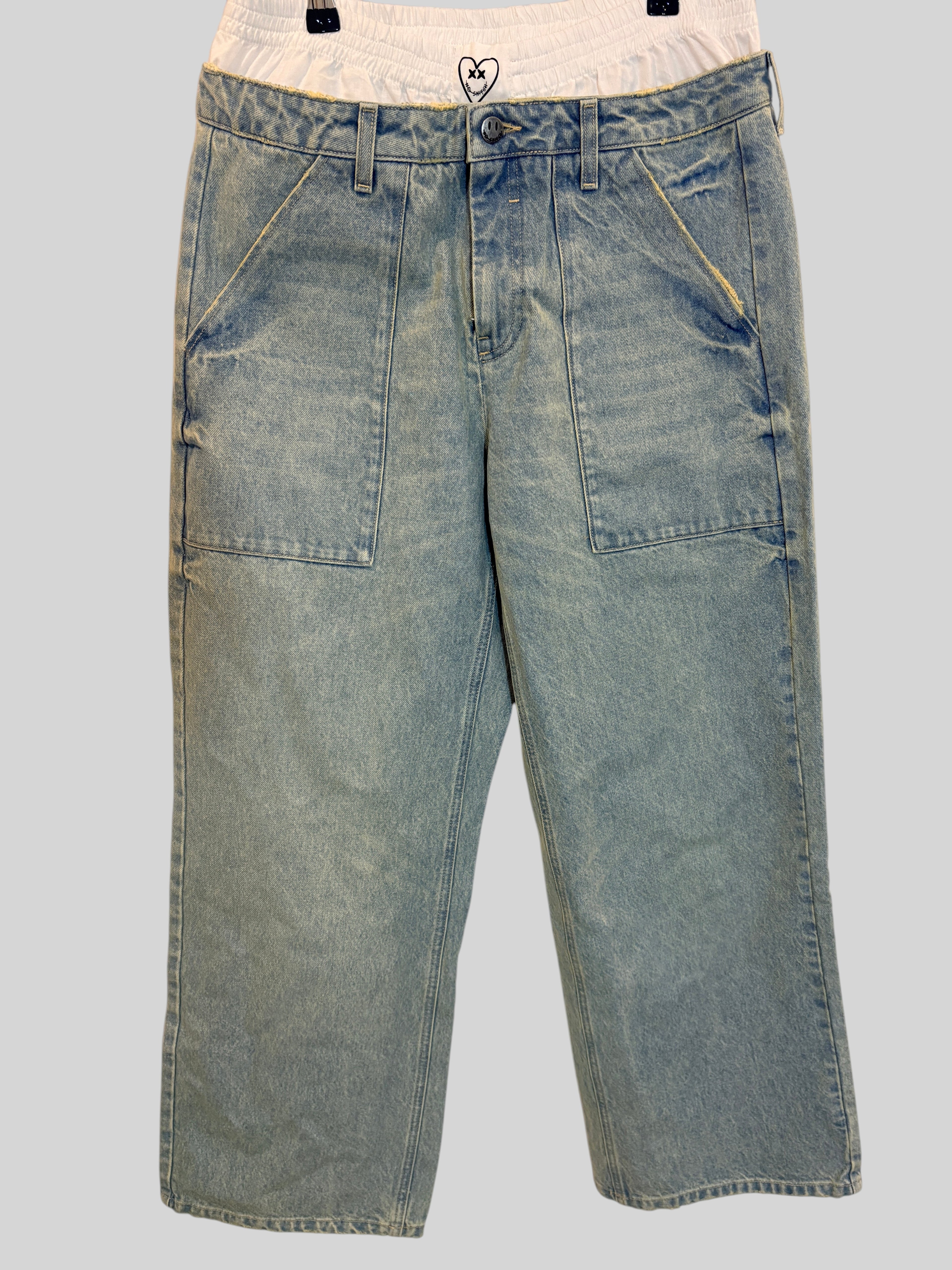 Pantalon droit FASHION SC Eleven Paris en jean bleu délavé clair avec double taille élastique blanche intégrée