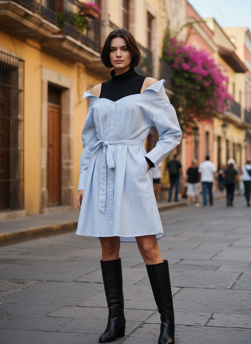 Mannequin portant la robe-chemise Maje Riarisa rayée bleu et blanc avec col montant noir et épaules dénudées