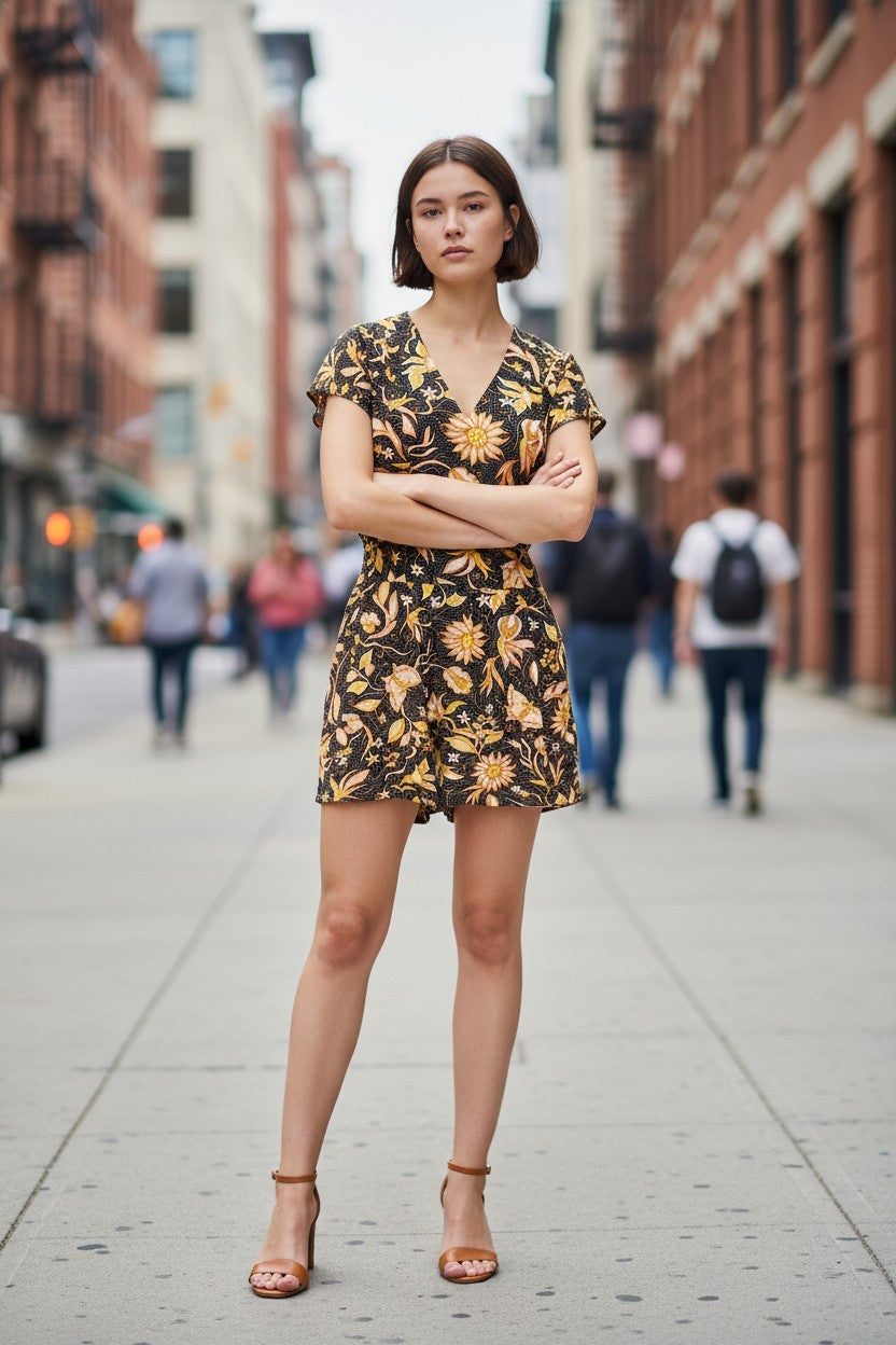 Modèle portant une robe courte FASHION SC à imprimé floral vintage jaune et orange sur fond noir avec col en V