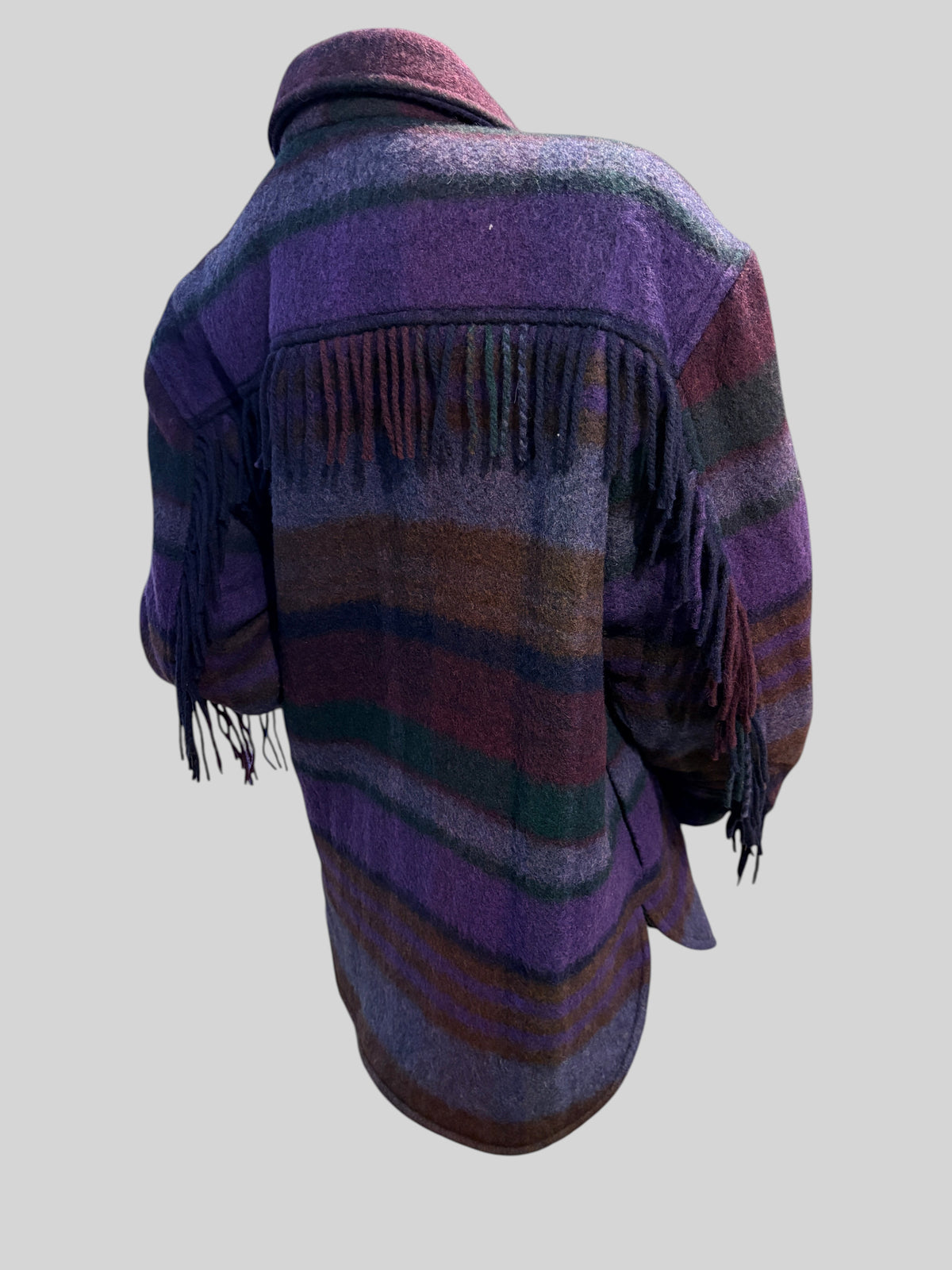 Manteau-surchemise FASHION SC Sandro Dome en laine à carreaux violet et vert avec détails à franges au dos