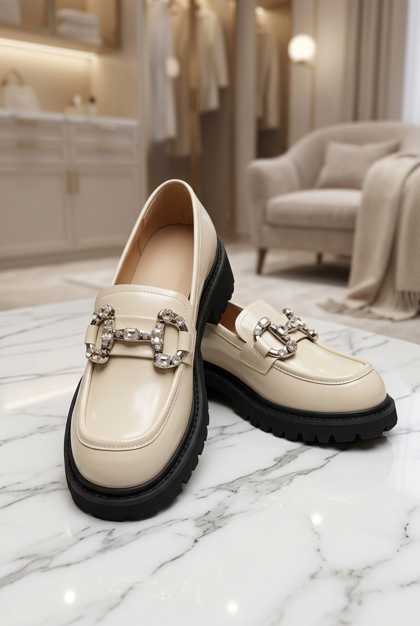 Mocassins crème à ornements strass dans un dressing chic sur marbre blanc