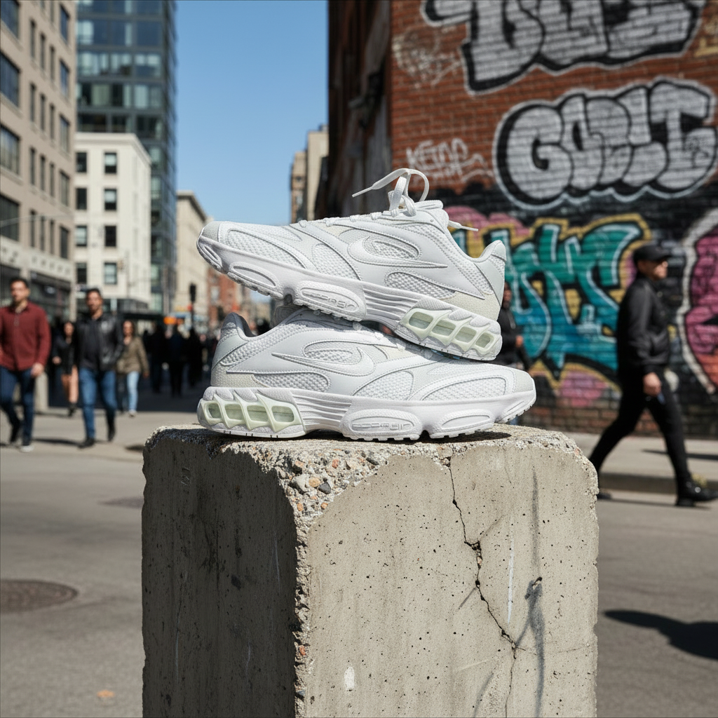 Nike Zoom Air Fire blanches vue latérale fond urbain