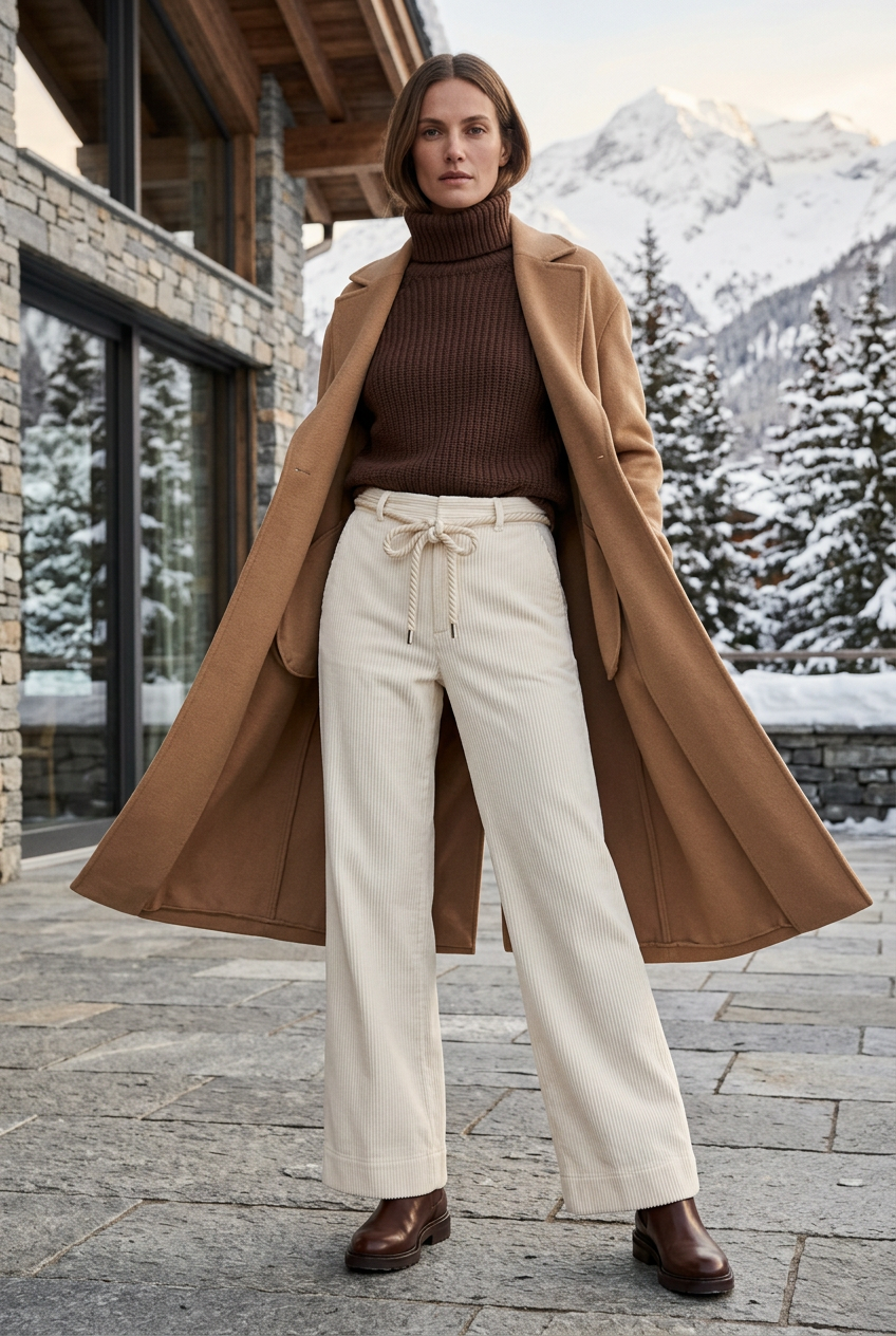 Pantalon écru porté en look hiver chic dans un décor alpin enneigé