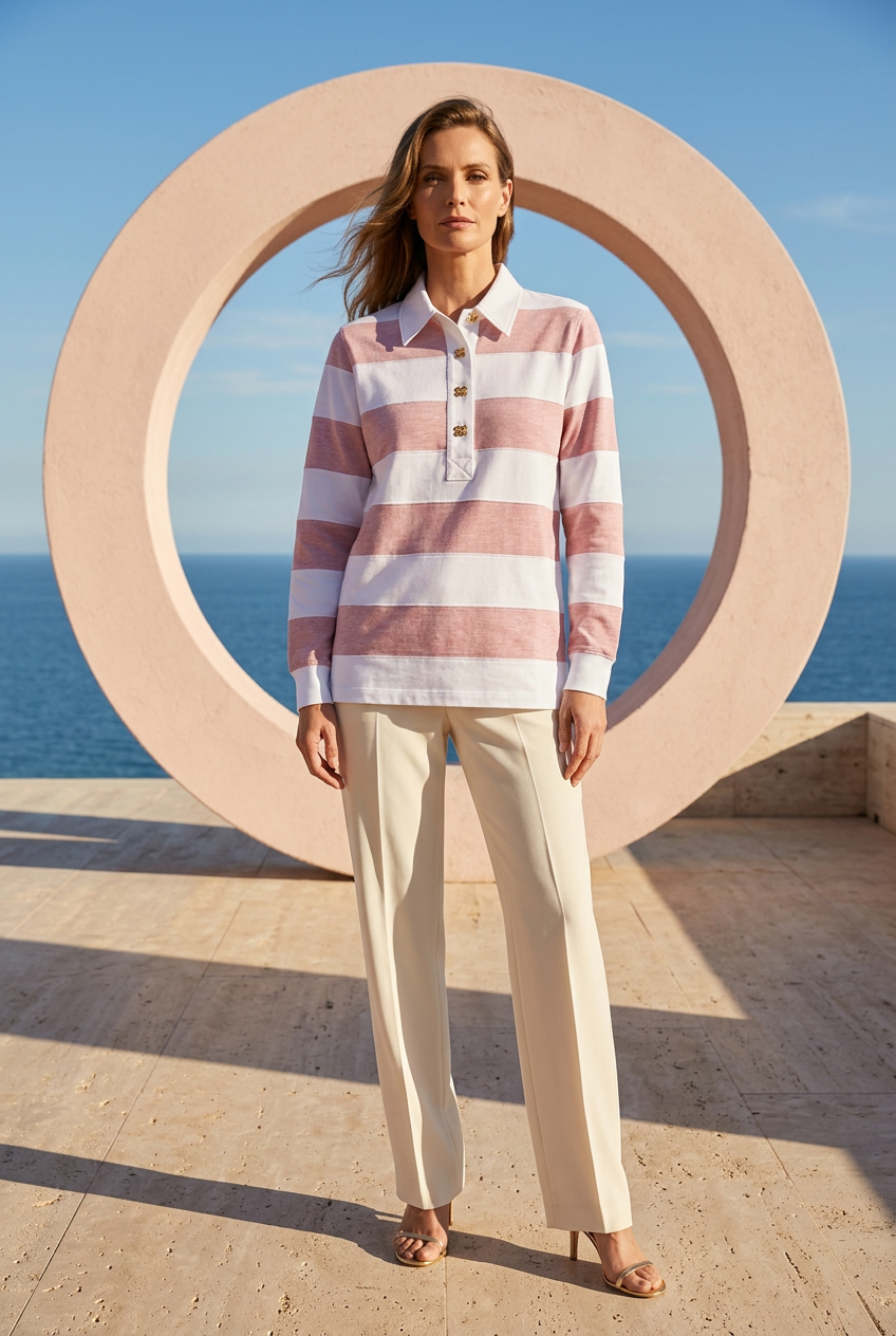 Polo rose et blanc porté dans un décor Riviera sculptural face à la mer
