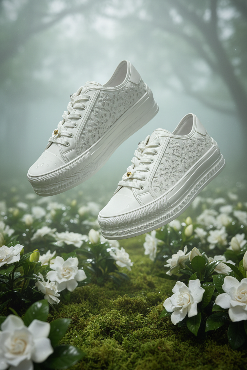 Sneakers blanches brodées - Composition florale éthérée